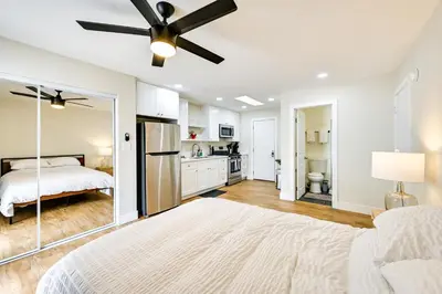 a bedroom with a bed and a ceiling fan at Pet-Friendly San Diego Studio about 14 Mi to Downtown in San Diego
