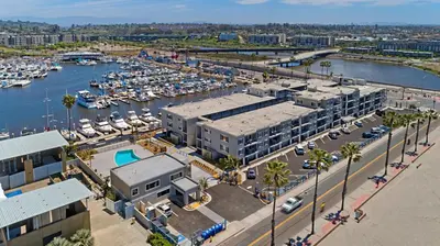 an aerial view of a marina with boats at 314B Harbor View, Steps to the Beach, Free Wifi, Marina Del Mar 314B in Oceanside