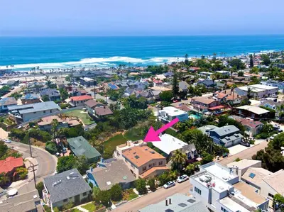 an aerial view of a city with the ocean at Water and sunset views in dreamy Cardiff by the sea in Encinitas