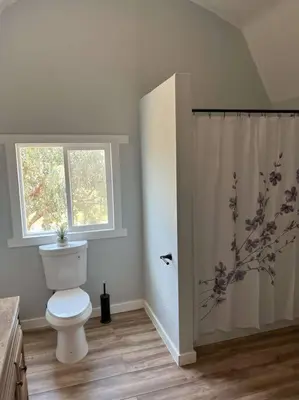 a bathroom with a toilet and a shower curtain at Modern wine country barn house in Temecula