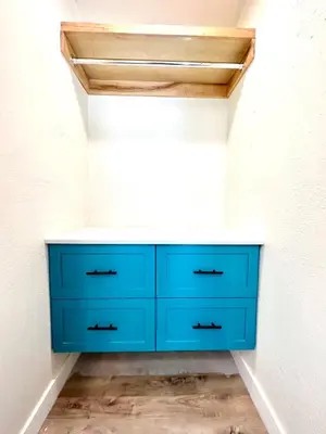 a blue dresser in a room with a ceiling at AZUL on Avenida Del Mar (1/2 Mile to the PIER!) in San Clemente