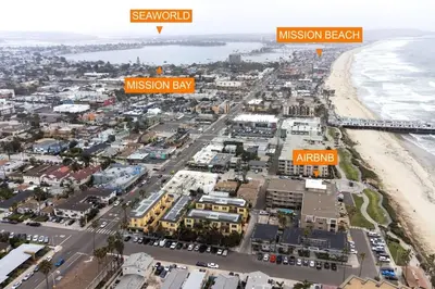 an aerial view of mission bay and the beach at Sunny on the Ocean - Beachfront- Pacific Beach in San Diego