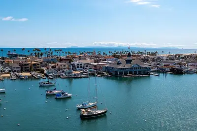 an aerial view of a harbor with boats in the water at 608 S Bayfront in Newport Beach