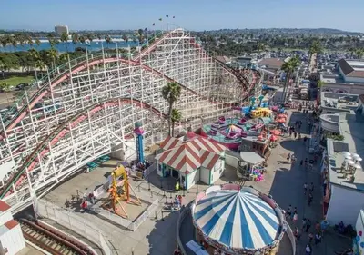 an amusement park with a roller coaster and a ride at Beach-2-Bay 1br - Mission Beach - AC - Shops in San Diego