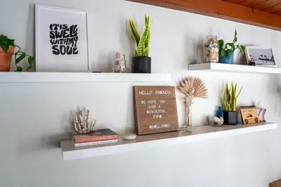 a shelf with plants and books on it at 4Bd, Family Friendly, Fun Yard, Close to Beaches! in Oceanside