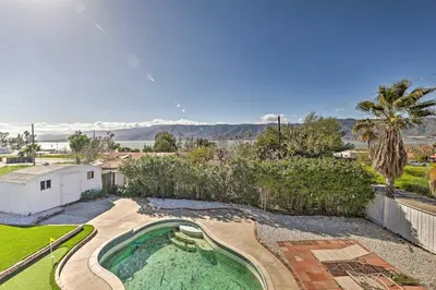 an overhead view of a backyard with a swimming pool at Mtn-View Home Less Than 1 Mi to Lake Elsinore! in Lake Elsinore