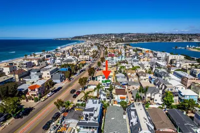 an aerial view of a city with a red arrow at Ocean & Bay Panorama 4 Levels Rooftop with Hot Tub in San Diego