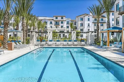 a swimming pool with palm trees and buildings at Carmel Valley 2br w gym bbq wd nr dining SAN-28 in San Diego