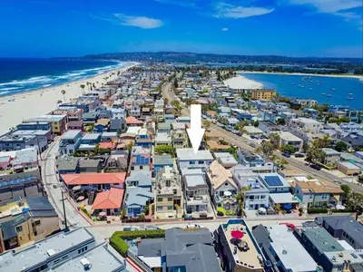 an aerial view of a beach with houses and condos at Avalon Beach 2 in San Diego