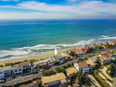 an aerial view of a town and the ocean at Beacons in Encinitas