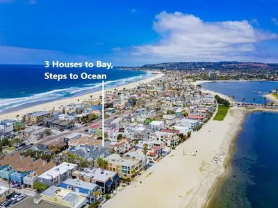 an aerial view of a beach with the words houses to bay steps to ocean at Marina 2 in San Diego