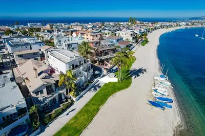 an aerial view of a beach with palm trees and houses at Jamaica Sands WINTER SPECIAL! in San Diego