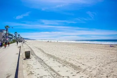 a beach with people walking on the sand and the ocean at Strandway Suite 2 in San Diego