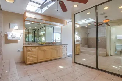 a bathroom with a shower and a sink and a toilet at Waterfront 4 in San Diego