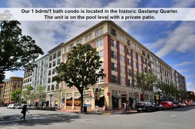 a building on a street with a person walking in front of it at 28 NIGHT MINIMUM in the Gaslamp Quarter by Petco Park, pool, jacuzzi, dogs ok in San Diego