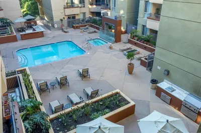 an overhead view of a courtyard with a swimming pool at San Diego's Diamond in San Diego