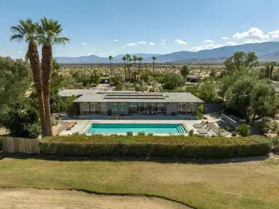 an aerial view of a house with a swimming pool at The Milky Way Modern Desert Retreat in Borrego Springs