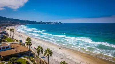 a view of a beach with palm trees and the ocean at Saratoga Sunset - Rooftop - Sleek - Walk to Beach in San Diego