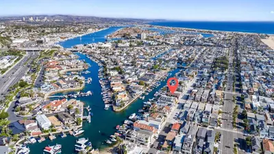 an aerial view of a harbor at Magical Bayfront Home w Epic Dock on Peninsula in Newport Beach