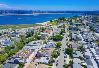 an aerial view of a city with the water at Bright Designer Oasis - Block from Bay - Roof Deck in San Diego