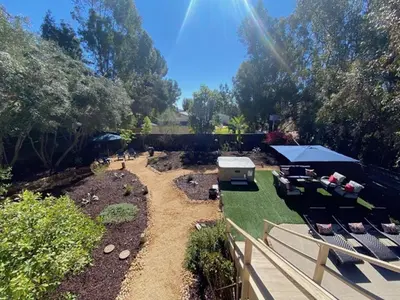 an overhead view of a garden with chairs and a patio at Quiet Retreat With Pool And Hot Tub in Escondido