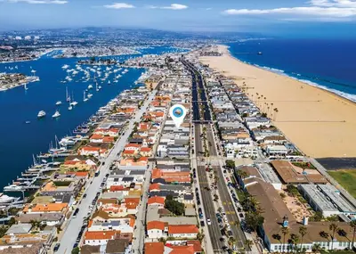 an aerial view of a harbor and a beach at Beach Bungalow #3 in Newport Beach (A/C Included) in Newport Beach