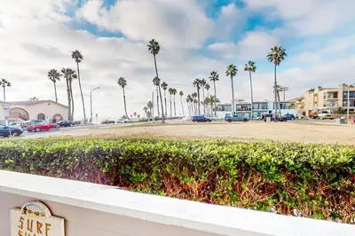 a hedge in front of a parking lot with palm trees at Pacific Street Hideaway in Oceanside