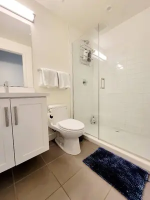 a white bathroom with a toilet and a shower at Upscale Modern Townhouse at Balboa Park in San Diego