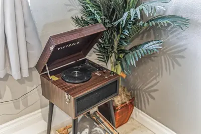 a radio on a stand next to a plant at Luxury Cozy Studio with Firepit in Vista