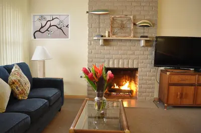a living room with a couch and a fireplace at Casa De La Playa in San Diego