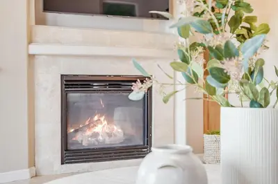 a living room with a fireplace and a vase of flowers at Massive Dream Beach Home - Dog Friendly, AC, Steps2Sand in San Diego