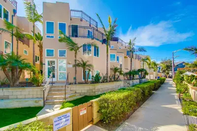 a row of houses with palm trees and a sidewalk at Stunning South Mission Home with Private Rooftop & Ocean Views! in San Diego
