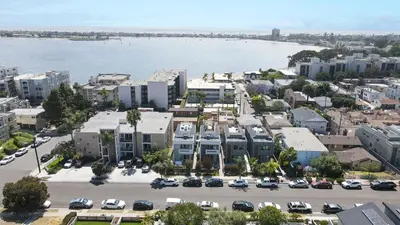 an aerial view of a city with a large parking lot at Riviera Bay View Dream - Private patio with bay view and parking in San Diego