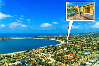 an aerial view of a city and the ocean at Riviera Bay View Dream - Private patio with bay view and parking in San Diego