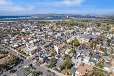 an aerial view of a city with buildings at Beach Bungalow Perfection - Private Patios, BBQ walk2beach & Pet Friendly! in San Diego