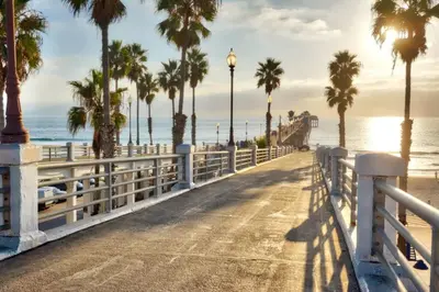 a road next to the beach with palm trees at Mile to Beach! Tiki Master Suite in Oceanside