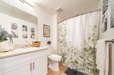 a bathroom with a toilet and a shower curtain at Luxury 2BD 2BA, BRAND NEW/PETS/CLOSE TO EVERYTHING/BOHO+COZY VIBES in San Diego
