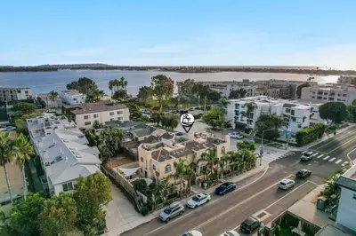 an aerial view of a city with cars on a street at Bay View Dream - Steps to Bay, Rooftop Patio & AC in San Diego