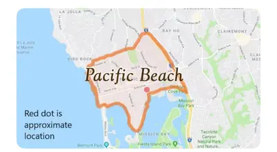 a map of a beach with a red dot is approximate location at Coastal Living at its Finest Pacific Beach in San Diego