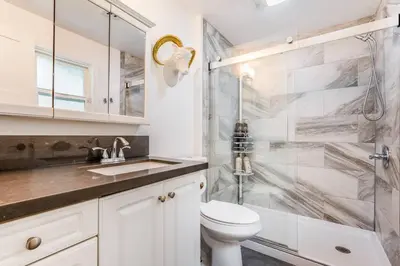 a bathroom with a shower and a toilet and a sink at Amazing Views with Heated Pool and Jacuzzi Near Beach in Solana Beach