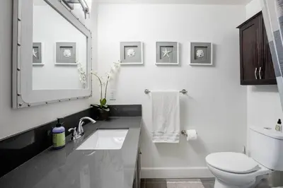 a bathroom with a sink and a toilet and a mirror at Amazing Views with Heated Pool and Jacuzzi Near Beach in Solana Beach