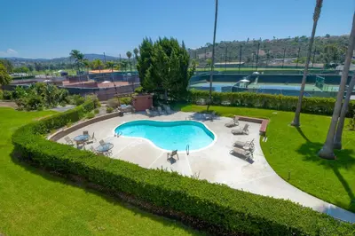 an overhead view of a swimming pool in a park at La Costa Escape - Pool, BBQ, Gated Parking in Encinitas