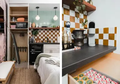 two pictures of a kitchen and a room with a bed at 2 Free Bikes, Pvt Parking, Steps to Beach! South Mission Beach in San Diego