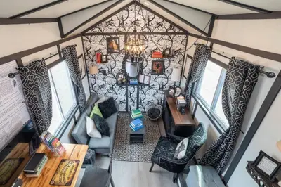an overhead view of a living room in a tiny house at #13 - The Raven - Tiny Home (Edgar Allan Poe) in Santa Ysabel