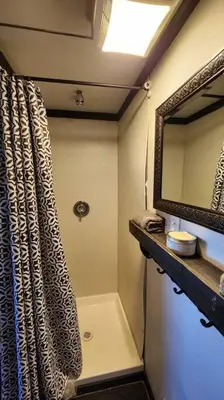 a bathroom with a shower curtain and a mirror at #13 - The Raven - Tiny Home (Edgar Allan Poe) in Santa Ysabel