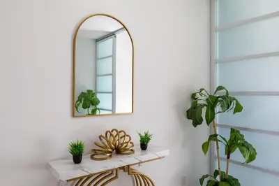 a mirror on a wall next to a shelf with plants at Elite Retreat! Hot Tub, Arcade, & Theater. 6 Beds! in Encinitas