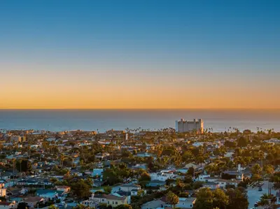 an aerial view of a city and the ocean at Ocean-View Mountaintop Getaway. Jacuzzi/Ping-Pong! in San Diego