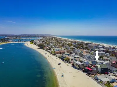 an aerial view of a beach and the ocean at Bayside Bikini 2 in San Diego