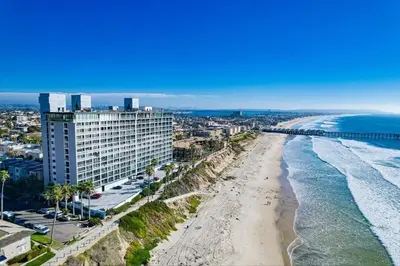 an aerial view of a beach and the ocean at Tropical Retreat in San Diego