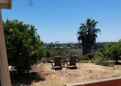 two chairs and a table in the sand with a palm tree at Canyon View Cutie in San Diego